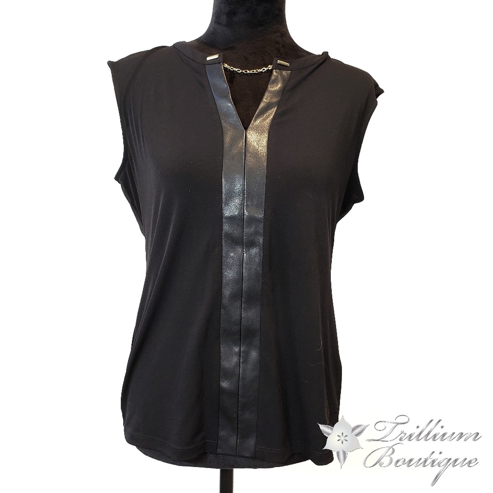 Calvin Klein Faux Leather Strip Keyhole Blouse - Picture 2 of 8